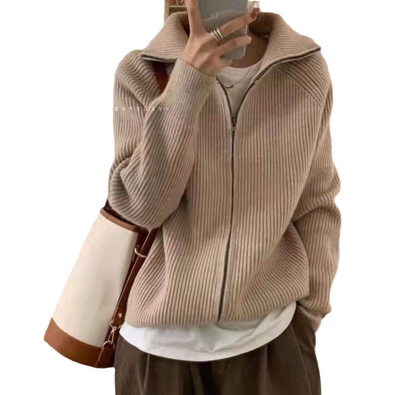 Simple Casual Versatile Lapel Knitted Cardigan Top Women's Autumn and Winter New Loose Lazy Wind Sweater Jacket