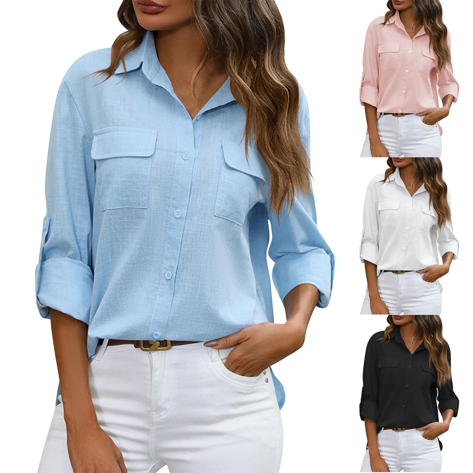 

Women s Casual Solid Color Long Sleeve Button Loose Double Pocket Shirt XXL