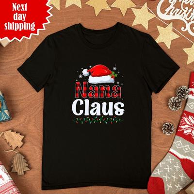 Koszulka świąteczna Nana Claus z nadrukiem czapki Mikołaja i światełek choinkowych, zabawna, unisex