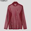 INCERUN Men Turtleneck Long Sleeve Mesh Skinny Tops See Through T-shirts Undershirt