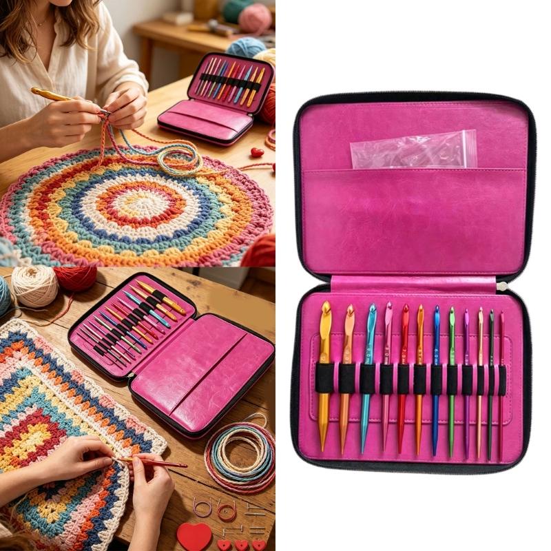 Tunisian Crochet Hook with Connector Cord, 12-Piece Color-Anodized Aluminum Set for Hoop-Filled Row, Garments, Rugs, and Home Decors