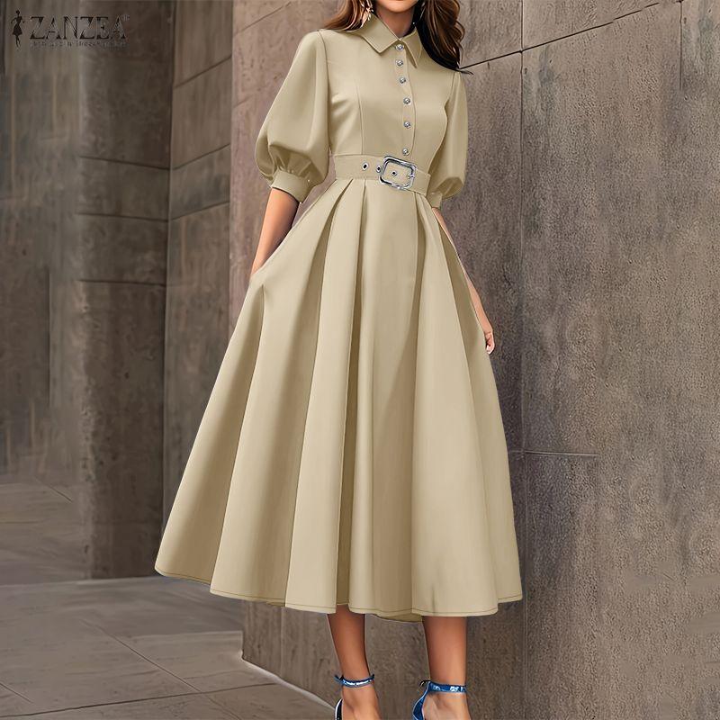 ZANZEA Damen Freizeitkleid Sommer Halbsleeve mit Umlegekragen