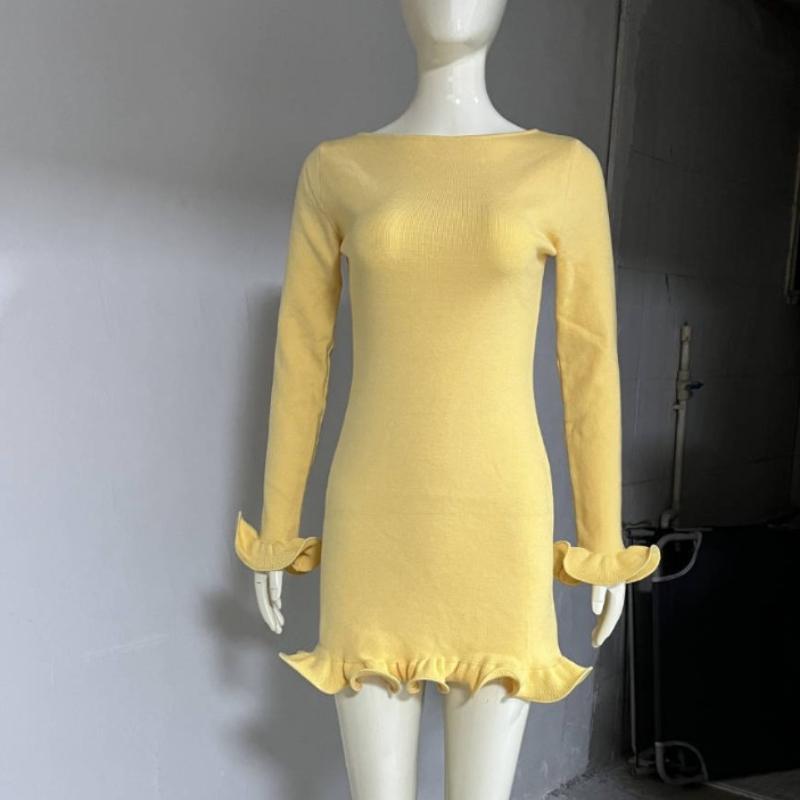 Knitted Mini Dress For Women Fungus Contrast Color Slim Sweater Dress Elegant Female Party Clothes Long Sleeve Spring New Dress
