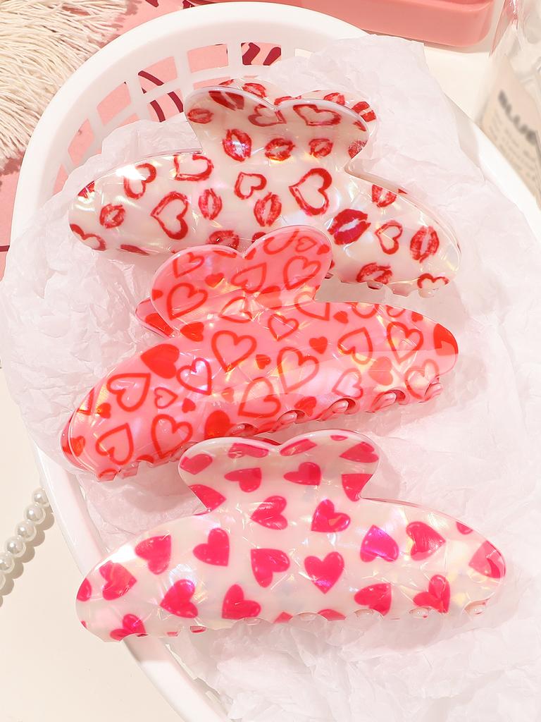 Valentine's Day Half Round Thick Hair Clips,Women's Hair Clips with Red Heart Pattern, Non-Slip Hair Clips Valentine's Day Gift