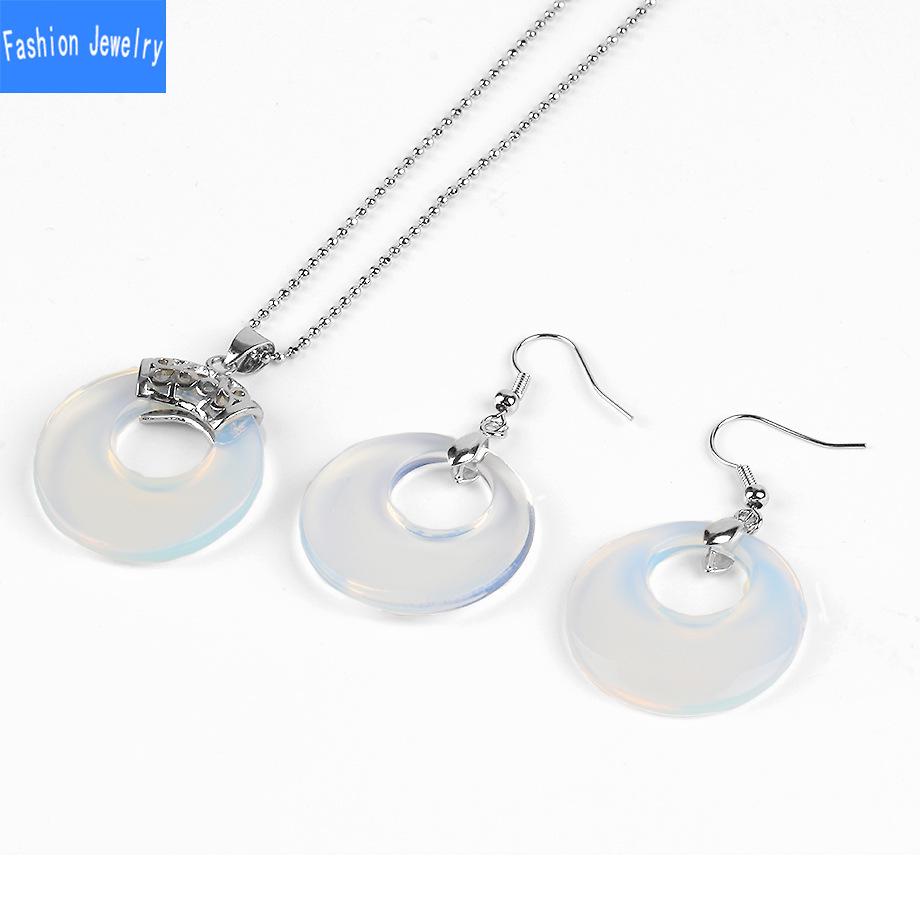 Damen Naturstein Hohl Konzentrisch Rund Set Blume Grün Weiß Kristall Tigerauge Stein Ohrring Halskette Set