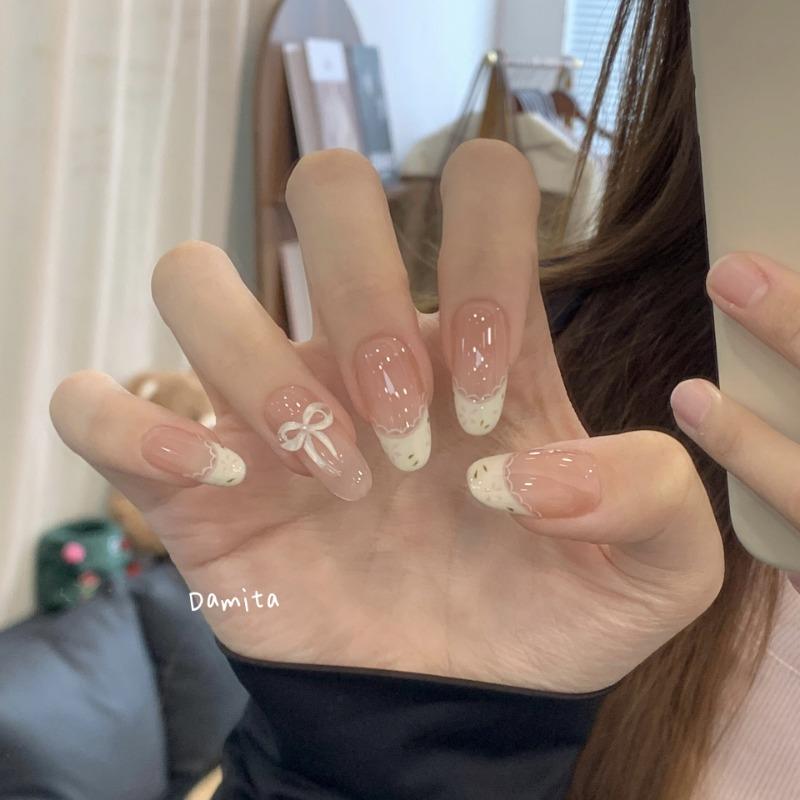 New Cream Floral Wearing French Patch Gentle White Ins Bow Removable Handmade Armor Student Manicure Pieces Manicure Tool XS