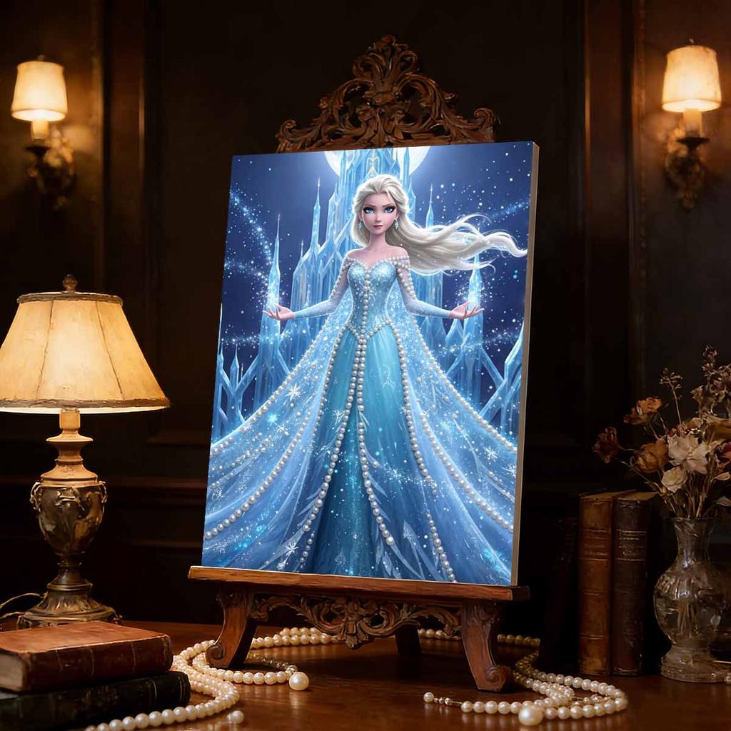 Castello di Ghiaccio Illuminato dalla Luna Elsa Nuova Arte Senza Cornice Intarsiata di Perle | Artigianato di Perle Fatto a Mano, Tema Castello di Ghiaccio Stellato, per Elegante Decorazione di Lusso Frozen
