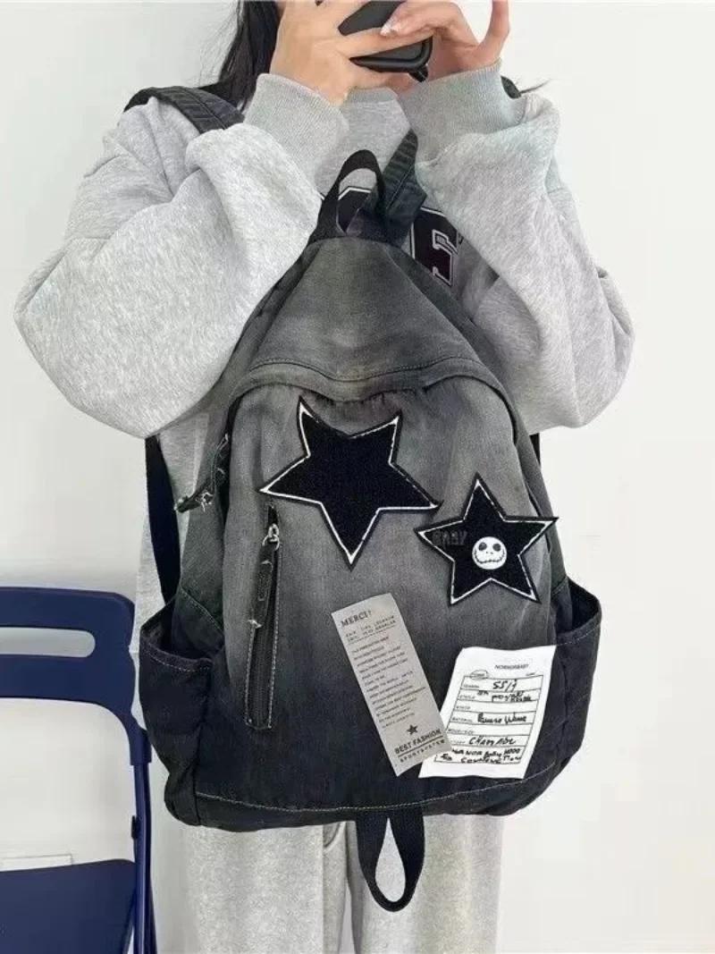 

Y2k Bag Teenage Fashion Canvas Casual Backpacks Popular Trendy Five Star School Bags Summer All Match Cool Rucksack Bolsa Mujer чёрный