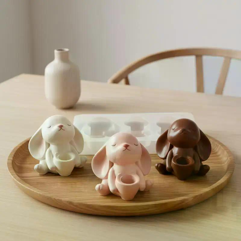 Cute 3D Rabbit Silicone Mold Bunny Aromatherapy Cup Gypsum Candle Mold Easter DIY Craft Moulds Reusable Handmade Tool Home Decor