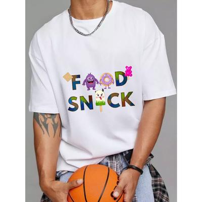 Baumwoll-T-Shirt Weiß Essen Snack Zeichentrickfiguren und Textdesign Freizeitkleidung für Männer und Frauen Alltagsoutfits Streetwear-Stil