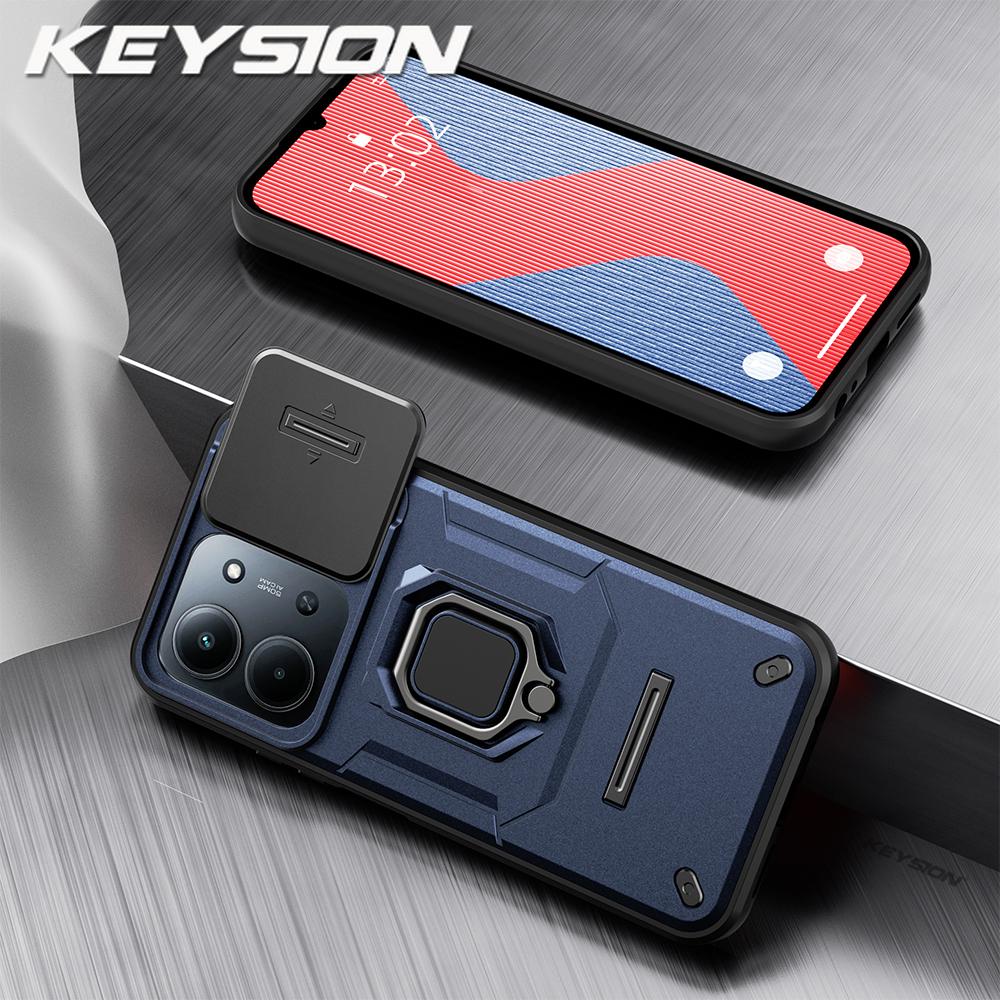 KEYSION Shockproof Armor Case for Redmi 15C 171mm 173mm Slide Camera Lens Protection Metal Ring Stand Phone Back Cover for POCO C85