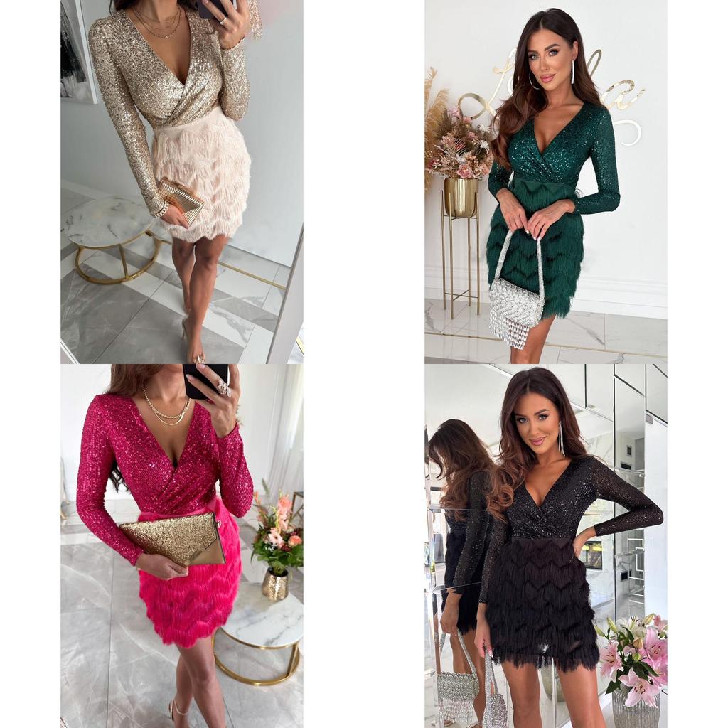 No Brand Readytowear Sparkling Sequin Dress With Long Sleeves For Casual Autumn Winter Fashion