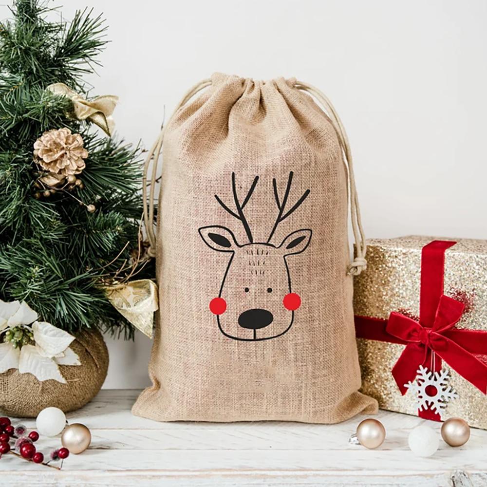 4Pcs Christmas Sack Linen Santa Sack Christmas Gift Secret Santa Drawstring Bags Christmas Tree Ornament  New Year Party Decor