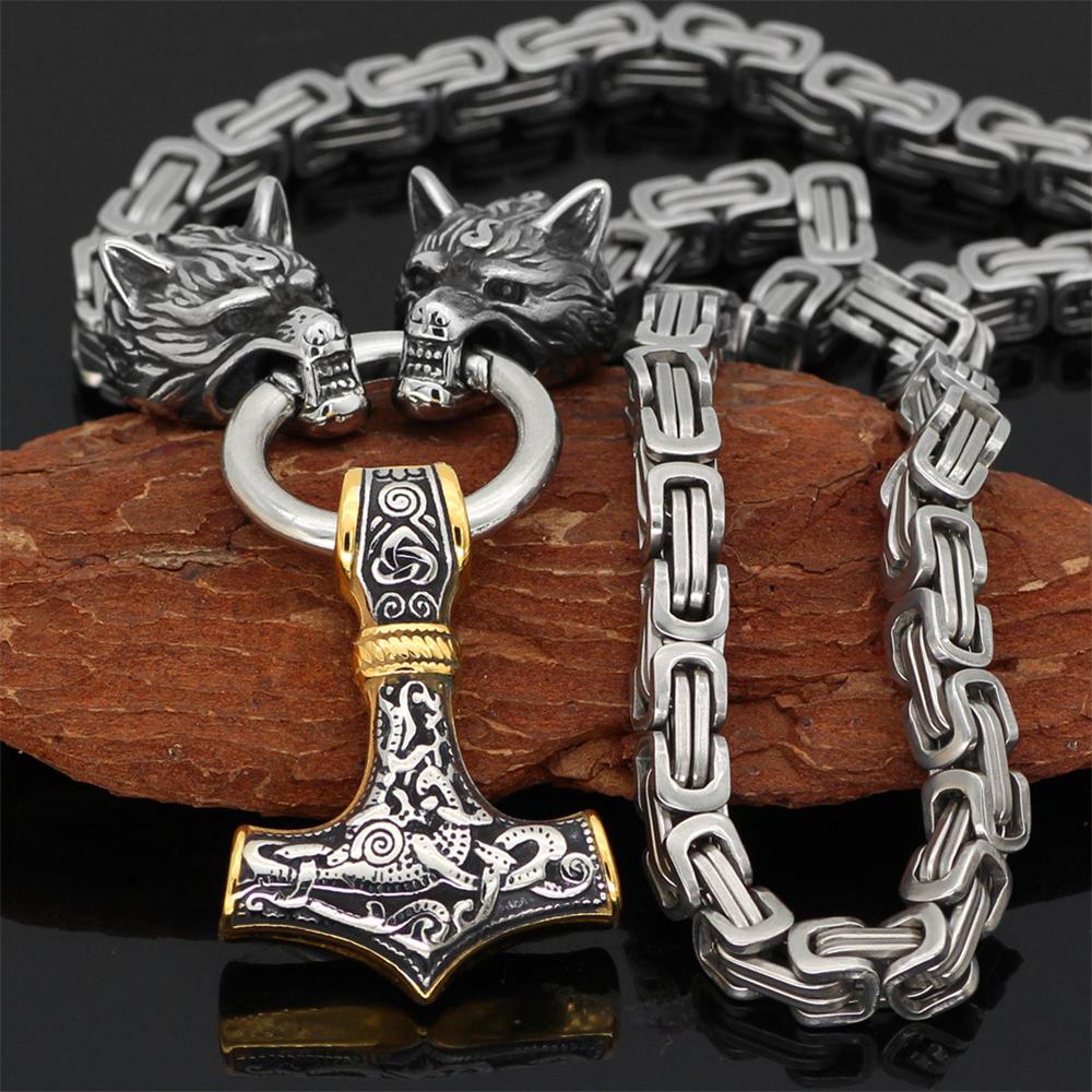 Nordic Wolf Men Necklace Viking Wolf Head Pendant Stainless Steel Norse Amulet Jewelry Scandinavian Rune Accessories