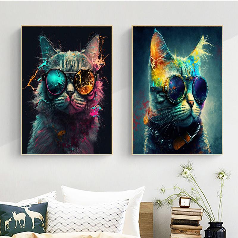 Sweet And Cute Cat With Glasses Canvas Painting Wall Animal Art Posters and Print Mural Picture Modern Living Room Home Decor
