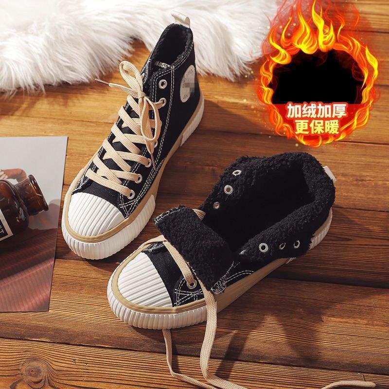 High-top Canvas Shoes Women's Velvet Korean Version Versatile 2025 Winter Warm Two Cotton Shoes Hyunya Wind Student Flat Baseplate Shoes