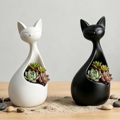 Cute Cat-Shaped Sculpture Hollow Out Ceramic Kitty Flower Pot