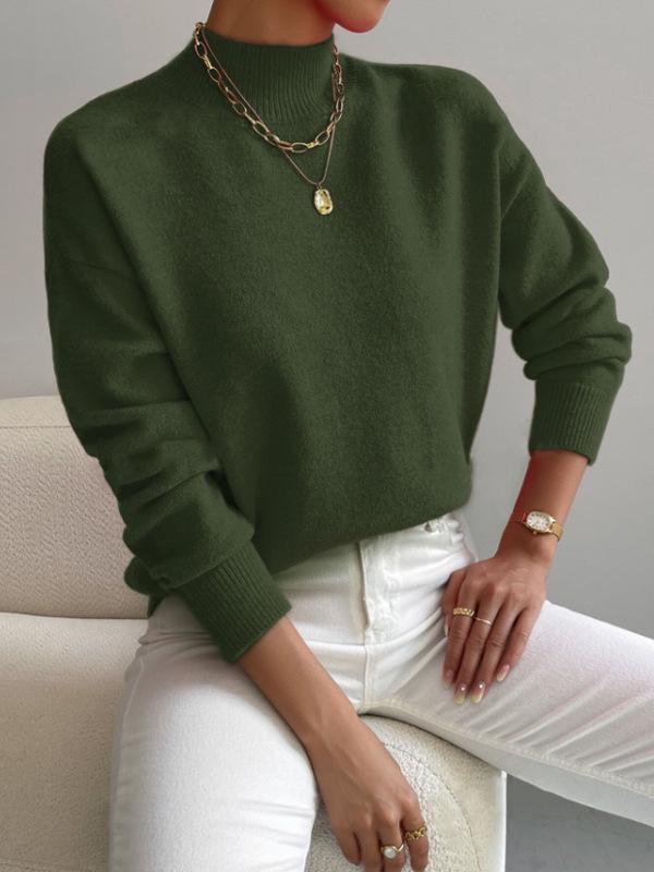 Women's Solid Color Loose Knit Sweater - Half-High Neck, Long Sleeve, Autumn/Winter Fashion.