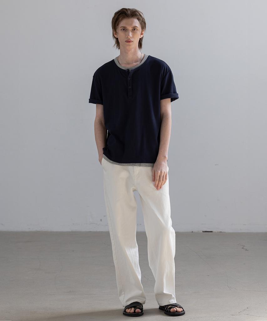 Dekkoloso Easy Layered Henley Neck Short Sleeve T-Shirt [Navy]