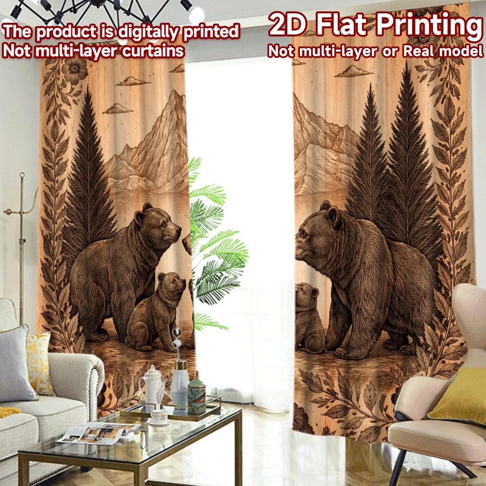 2D FLAT PRINTING 2pcs Curtains (Without Rod) Bear Family in Forest(1) Popular Creative Curtains Versatile Polyester Curtains