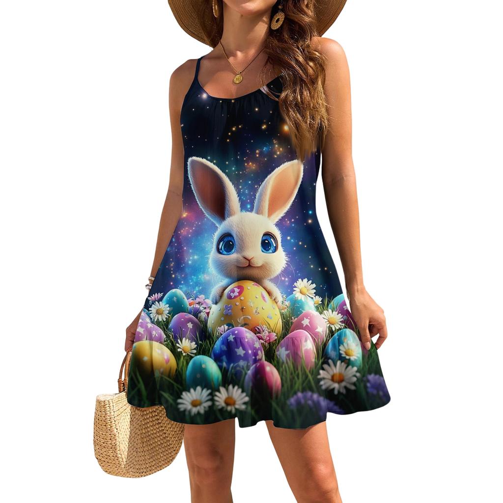 Robe décontractée élégante sans manches à bretelles ample pour femme avec imprimé plage et Pâques