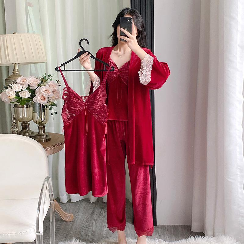

Осенне-зимний бархатный женский пижамный комплект из 4 предметов, сексуальный лоскутный халат с бабочками, кружевной халат, ночная рубашка, брючные костюмы, свободная велюровая домашняя одежда XL красный