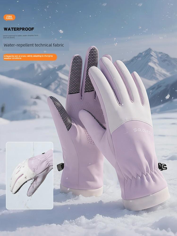Three-Finger Touch Screen Waterproof Warm Cycling Gloves, Thickened for Cold Protection, Windproof for Electric Bikes, Women's Winter Motorcycle