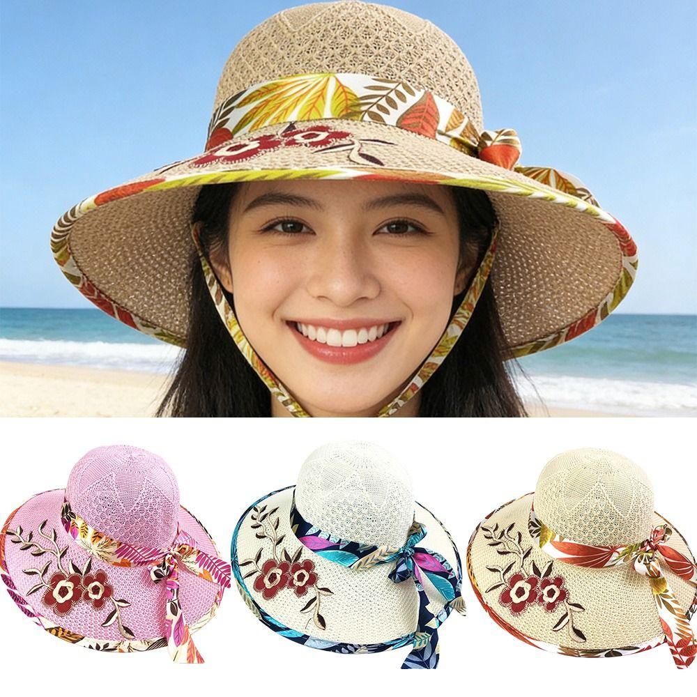 Foldable Flower Embroidery Hat Wide Brim Panama Hat New Straw Beach Cap  Outdoor Casual