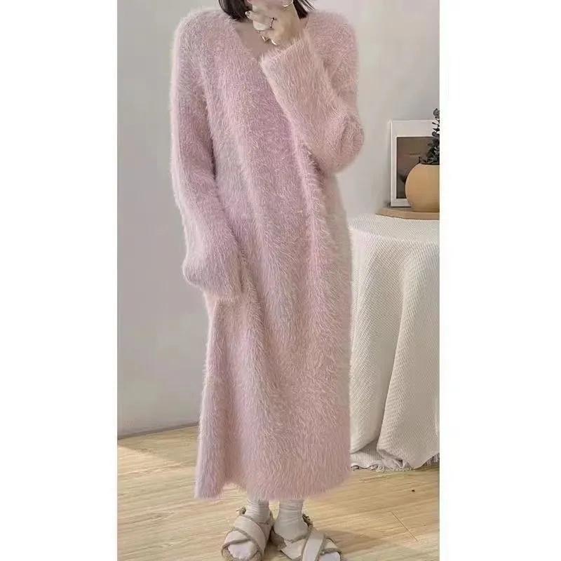 Sonbahar/Kış Bol Popüler Pembe Taklit Vizon Polar Bol Diz Boyu Uzun Kürk Elbise Kadın Pijama Elbise Düz Renk