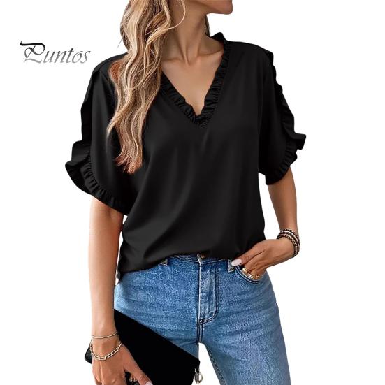 

Женская рубашка с V-образным вырезом, оборками, рукавами-лепестками, однотонные топы свободного кроя, повседневная офисная дорожная рубашка S