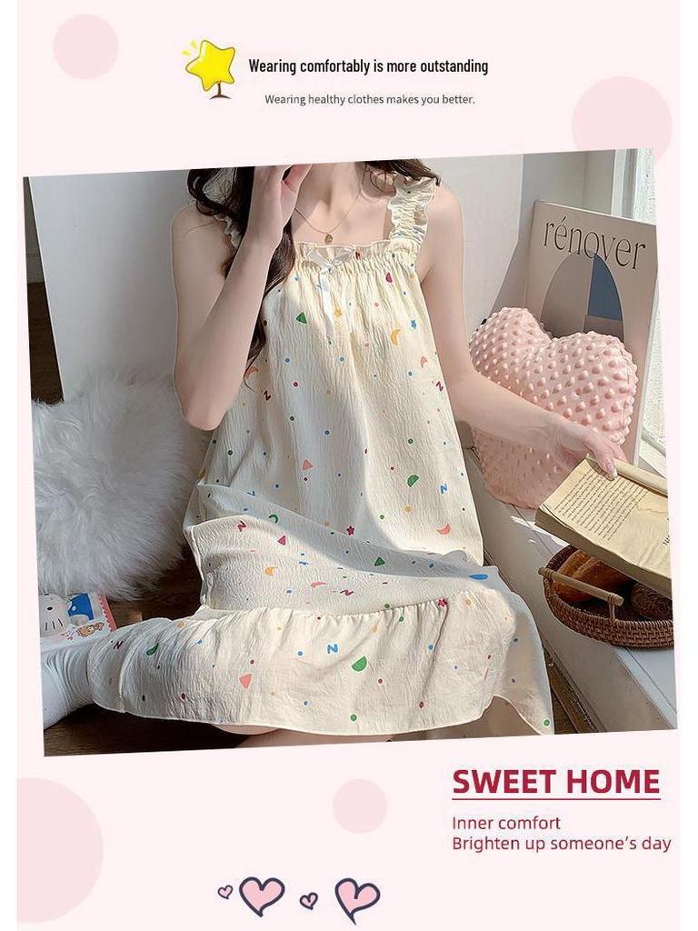 2026 Summer Women's Cartoon Padded Strappy Loose Nightgown Dress Pajamas - Sweet Outdoor Style