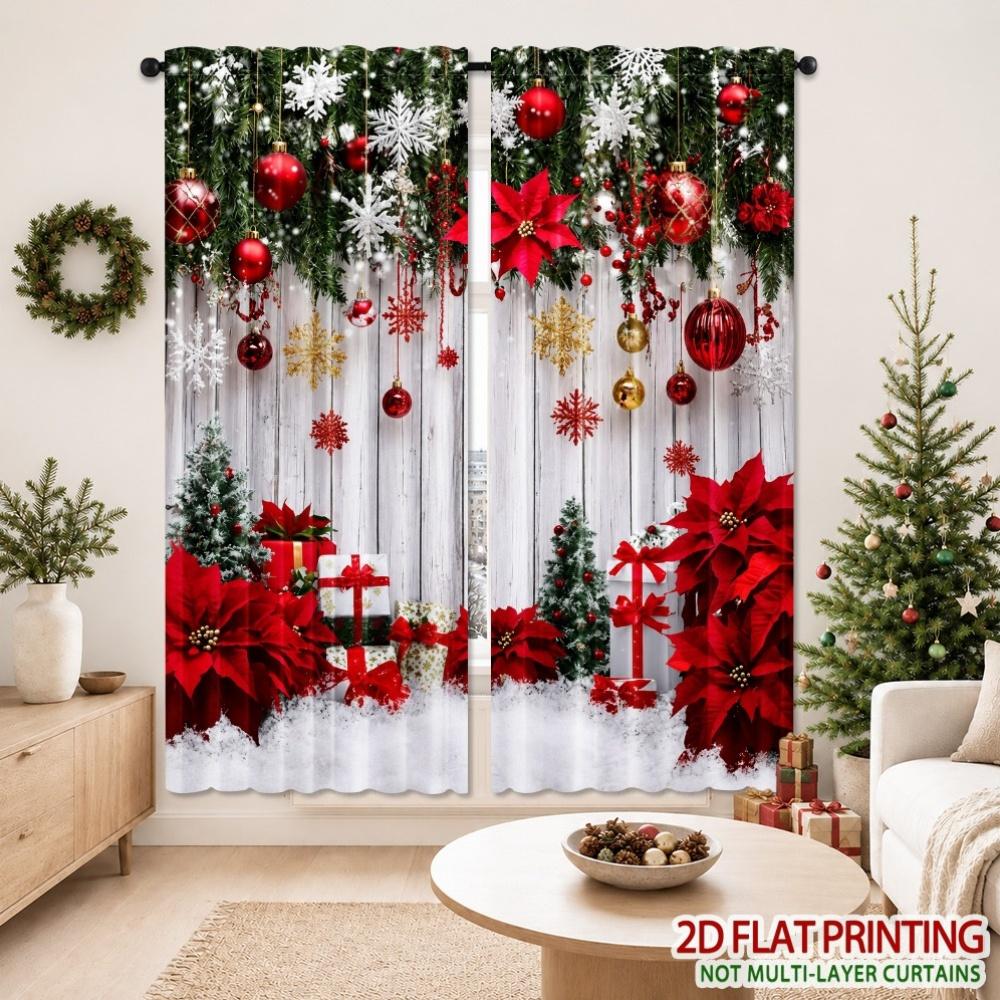 Christmas Pine Cone Red Berry Decorative Curtains Rod Pocket Polyester For Bedroom Living Room Woodland Home Decor