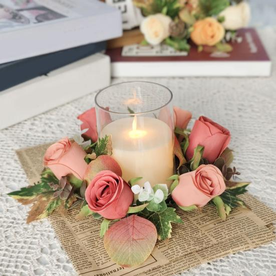 Artificial Rose Candle Ring Fake Rose Wreath with Maple Leaves Pillar Candle Wreath Table Centerpieces for Home Candlelight Dinner Wedding Party Decor