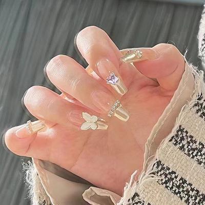 24 Stück Lang Ballett Metall Champagner Französisch Aurora Kristall Schmetterling Nagelkette Diamant Nagelpads