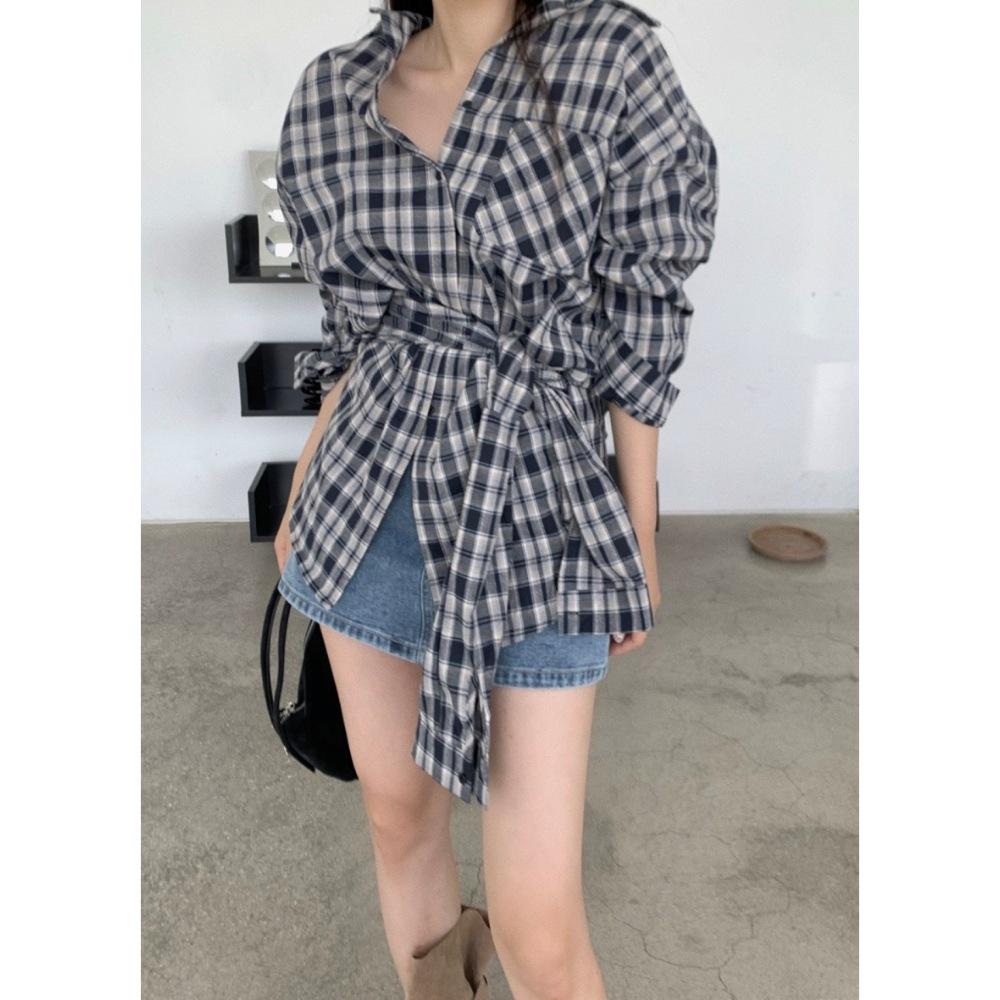 Women's Retro Plaid Long Sleeve Shirt with Tie Waist and Lapel