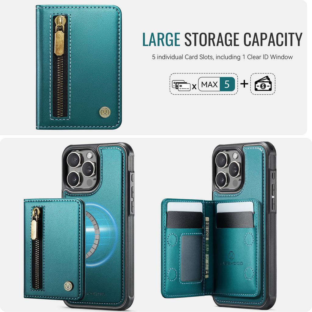 Etui JEEHOOD J12 do iPhone'a 14 Pro Magnetyczne Odpinany portfel na zamek Błyskawiczny Podpórka Skórzany tylny pokrowiec Kompatybilny z MagSafe