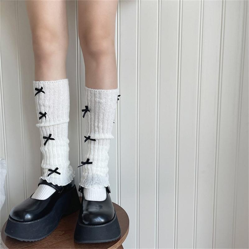 Women Girls Ribbed Knit Solid Color Leg Warmer Aesthetic Elegant Sweet Bowknot Footless Long Socks Ruffled Leg Covers