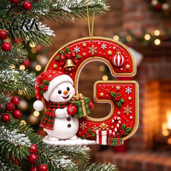Decorative Gift Tags Cute Snowman Letter Christmas Ornament, 2D Flat Personalized A-Z Alphabet Tree Ornaments Acrylic Hanging Pendant for Xmas
