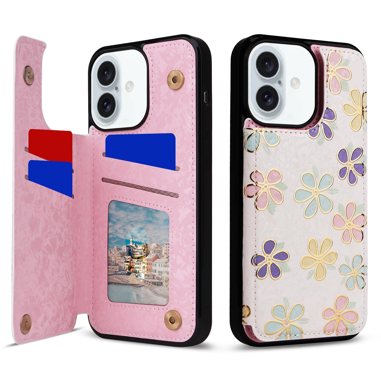 

For iPhone 16 Plus Card Slots Case Flower Leather+TPU Phone Cover RFID Blocking Flowers