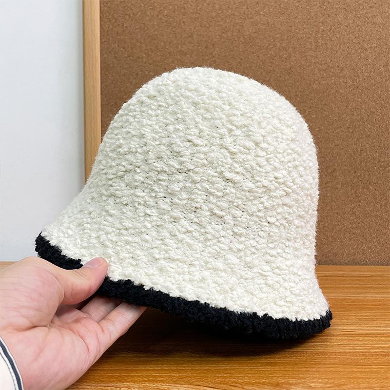 Plush bucket hat women's color matching fashion versatile knitted bucket hat big head shows small face windproof warm basin hat
