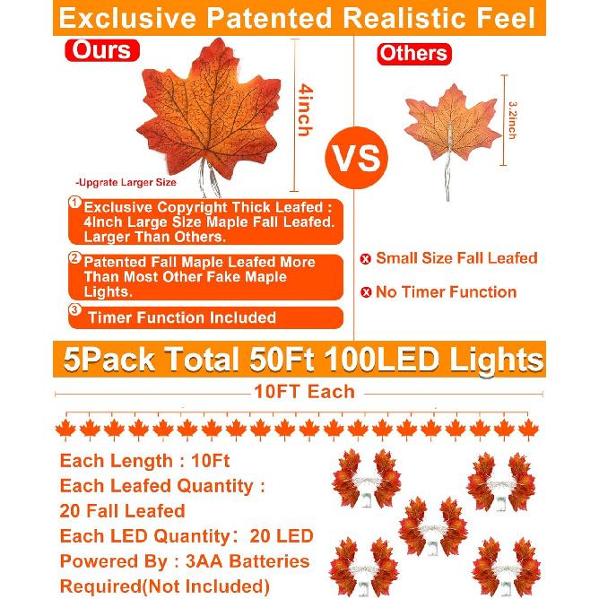 [ 5 Pack & Timer ] Fall Decor Fall Garland Lights Total 100LED 50Ft Enlarged Maple Leafed String Lights Autumn Fall Decorations for Home Waterproof