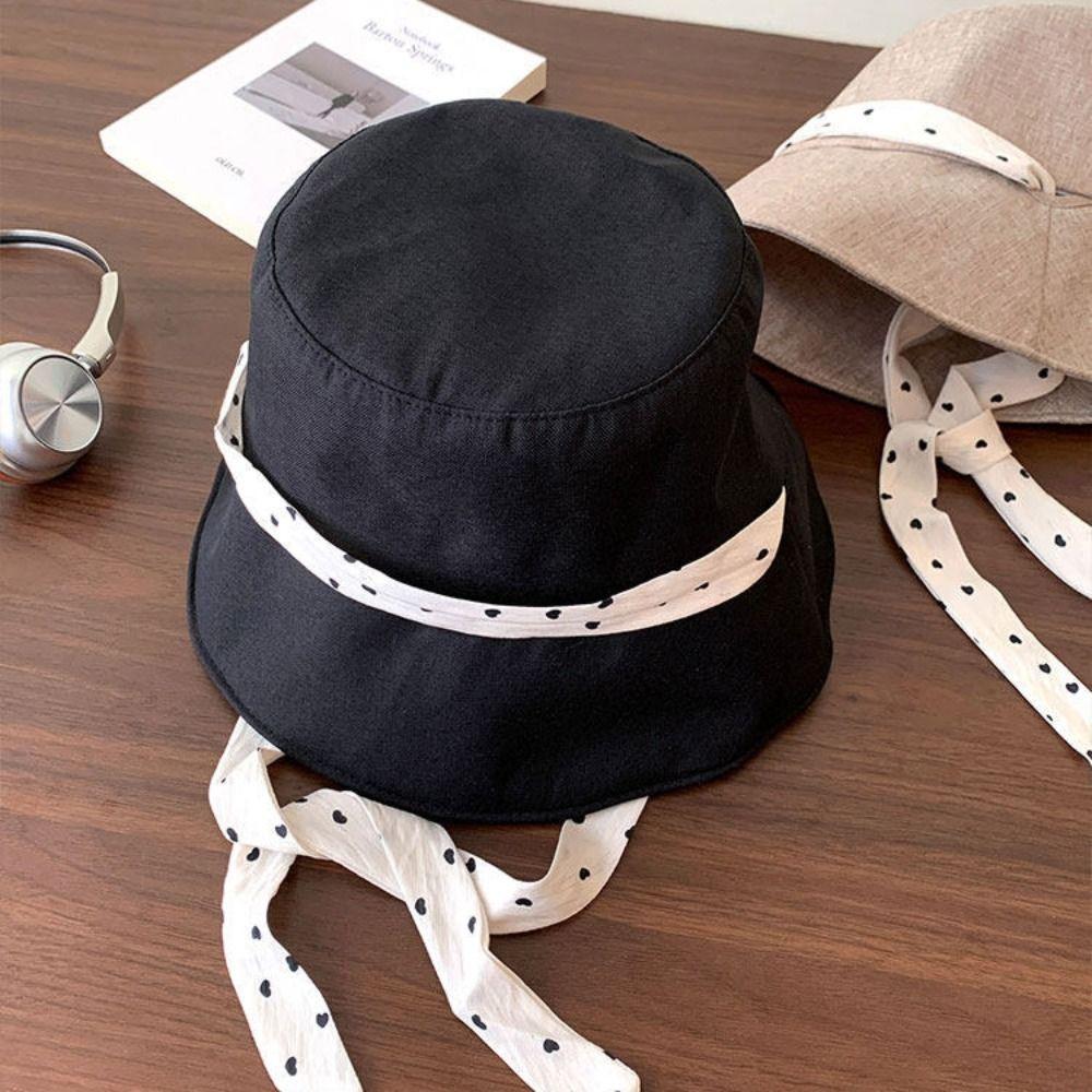 Polka Dot Ribbon Summer Sun Hat Solid Color Sunshade Hat Casual Bucket Hat  Beach
