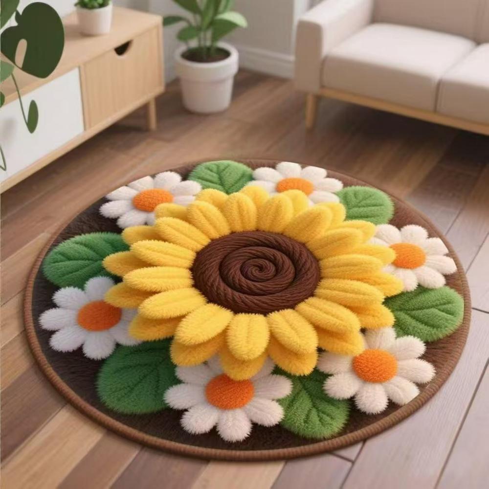 3D Visual Effects Sunflower Round Carpet Living Room Decor Children Bedroom Carpet Floor Mat Hallway Non-slip Rug Bedside Rug