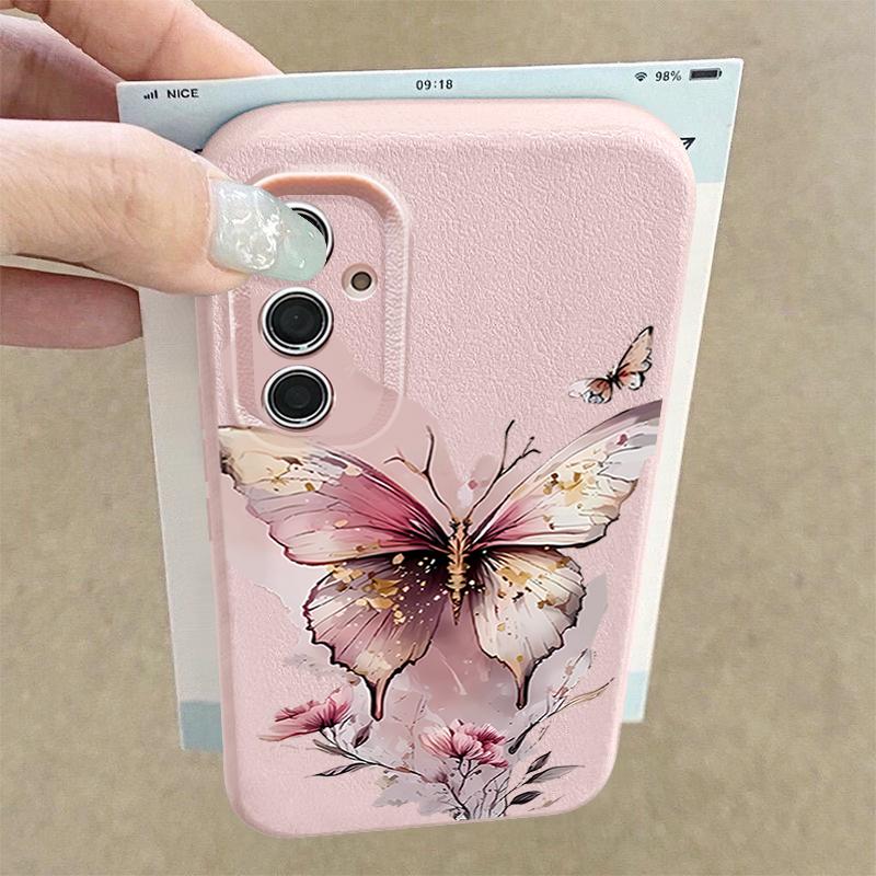Pink Butterfly Watercolor Pattern Case For Samsung Galaxy A57 A56 A55 A54 5G A37 A36 A35 A34 A26 A25 A17 A16 A15 A14 Leather Texture Silicone Cover