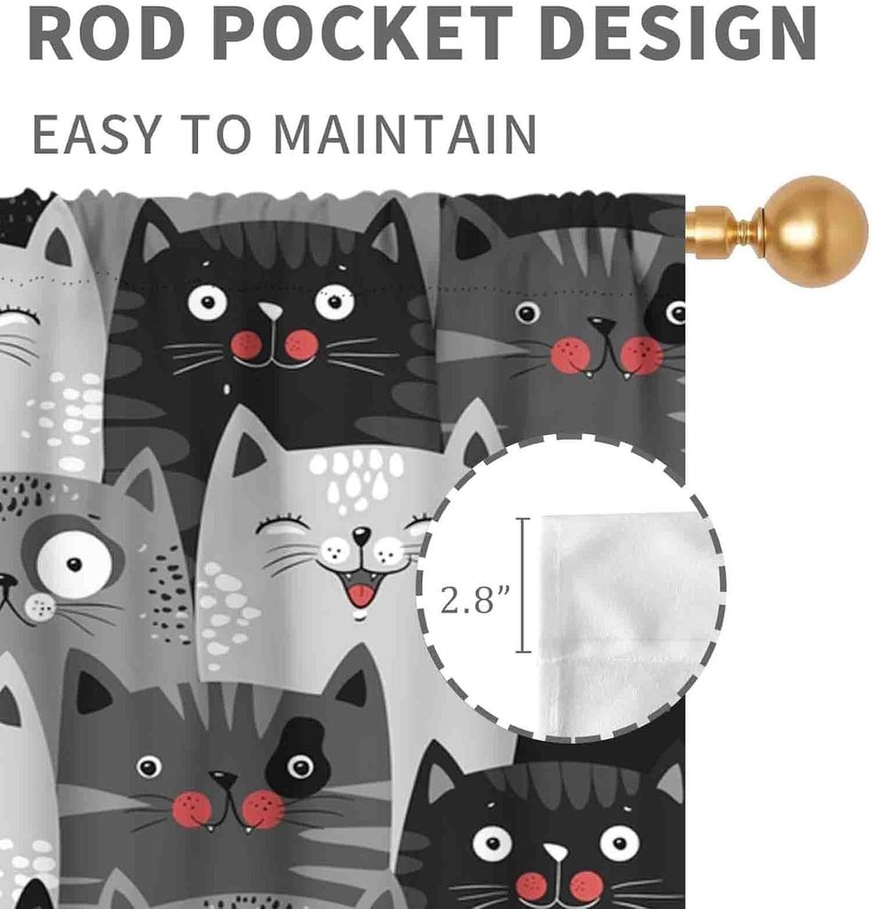 Cat Curta, Cartoon Cute Lovely Kitten Kawaii Cat Pets Funny Animals Gray Blackout Window Drapery Treatments For Living Room