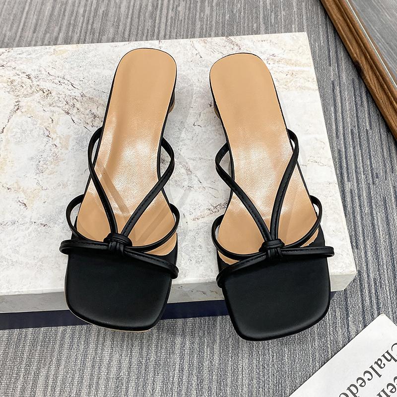 High Heels Comfortable New Summer Solid Leather Slippers Female Shoes Women Shoes Woman Fashion Cool Mules Slides Flip Flops