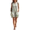 Sleeveless Bohemian Striped Dress with Round Neck and Lace Trim Summer Casual Loose Fit Mini Dress with Pockets and Ruffle Hem for Women