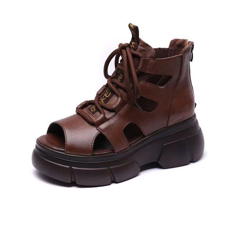 Soft leather cool boots high-top platform fashion open-toed fish mouth sandals 2025 summer new retro versatile Roman shoes women