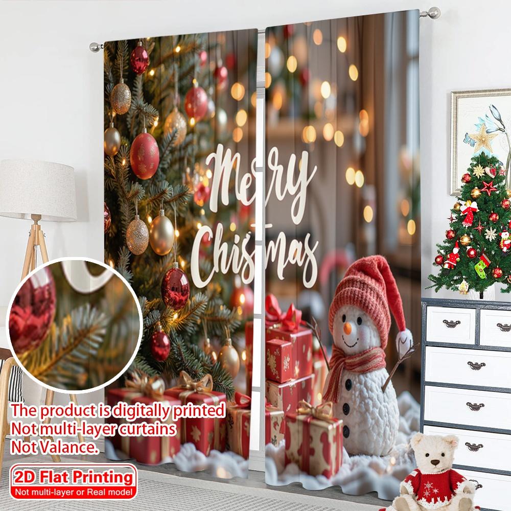 2pcs 2D flat printing Merry Christmas Scene Curtains Merry Christmas Scene Polyester Fabric Without Electricity Festive Holiday