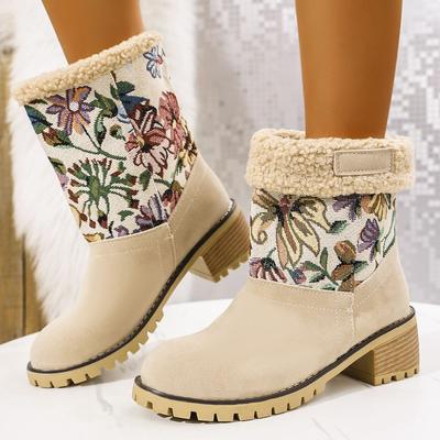 Large Women's Snow Boots Suede Autumn and Winter Thick Sole Anti Slip Thick Heel High Heels Warm Cotton Shoes Flower Splicing Short Boots